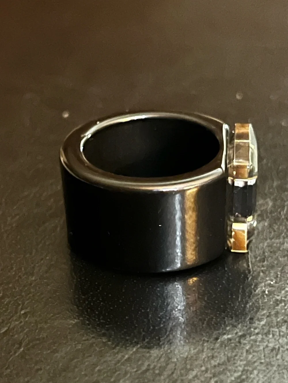 ChaneI Black Acrylic Bold Chunky Center Letter Logo Ring